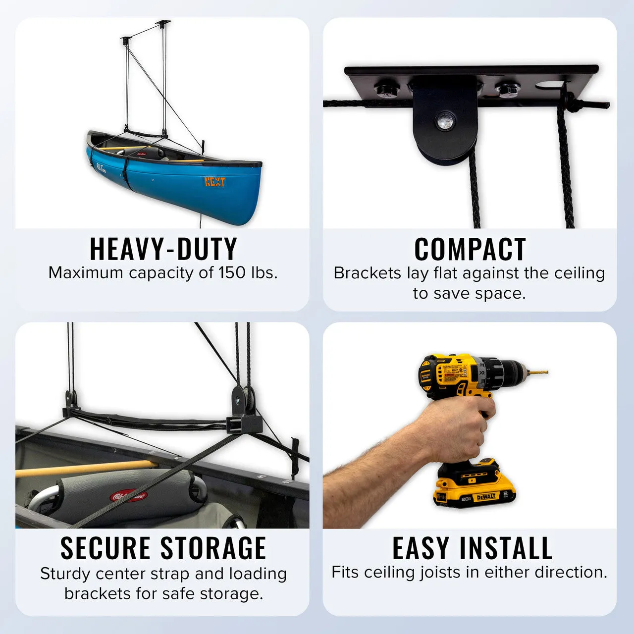 Essential Kayak Garage Ceiling Storage Hoist | Holds up to 150 lbs