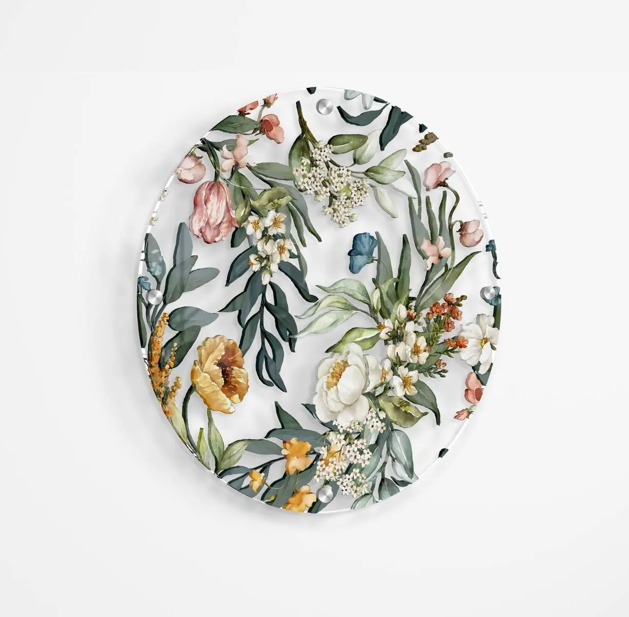 Floral Pattern Flowers Printed Transparent Acrylic Circle