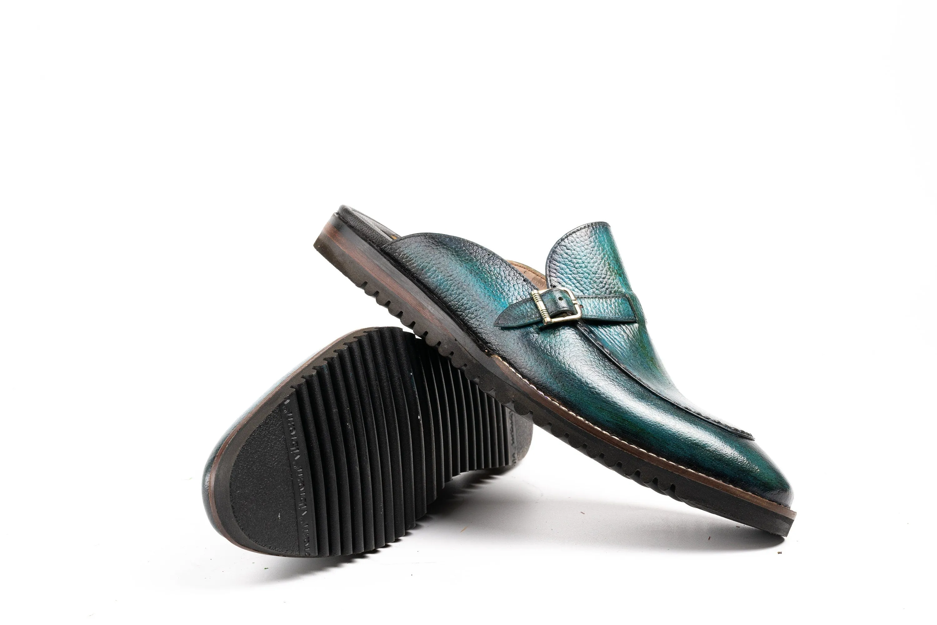 Green Hand burnished tassel Backless Slip-On Mule Custom Made-To-Order Shoes  Premium Quality Handmade