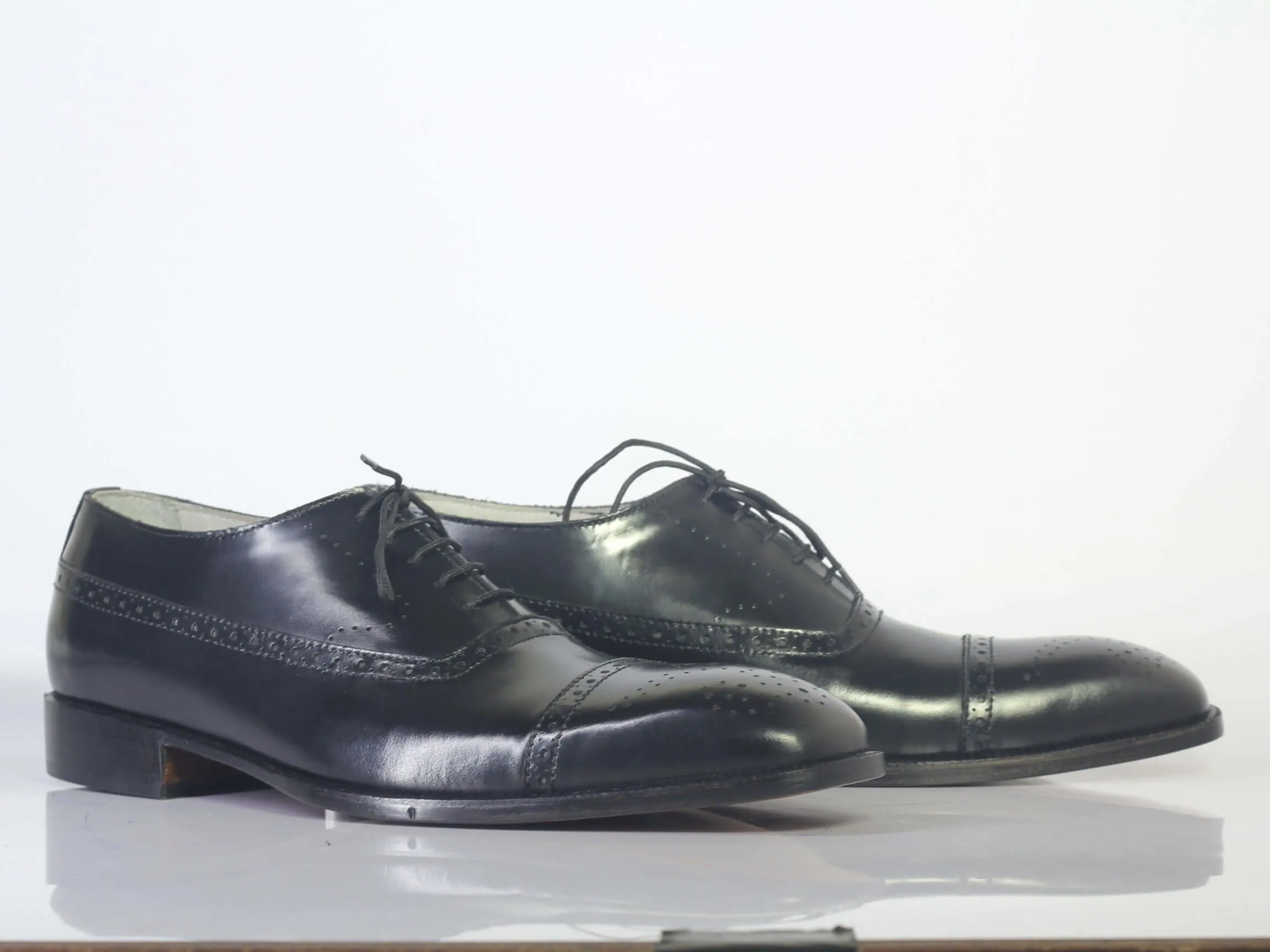 Handmade Men Black Leather Cap Toe Brogue Shoes, Men Dress Formal Designer Shoes