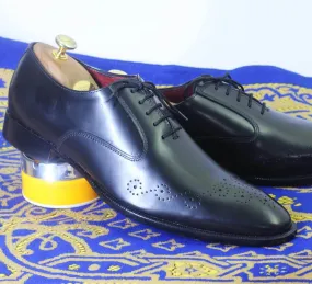 Handmade Men's Black Brogue Toe Leather Shoes, Men Designer Lace Up Dress Shoes