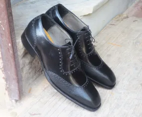 Handmade Men's Black Wing Tip Pebbled Leather Lace Up Shoes, Men Designer Dress Formal Luxury Shoes