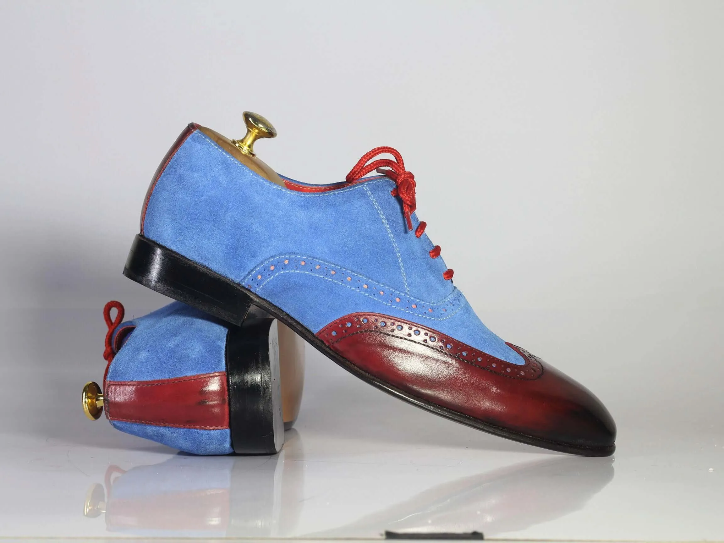 Handmade Men's Blue Suede Burgundy Leather Wing Tip Shoes, Men Designer Shoes