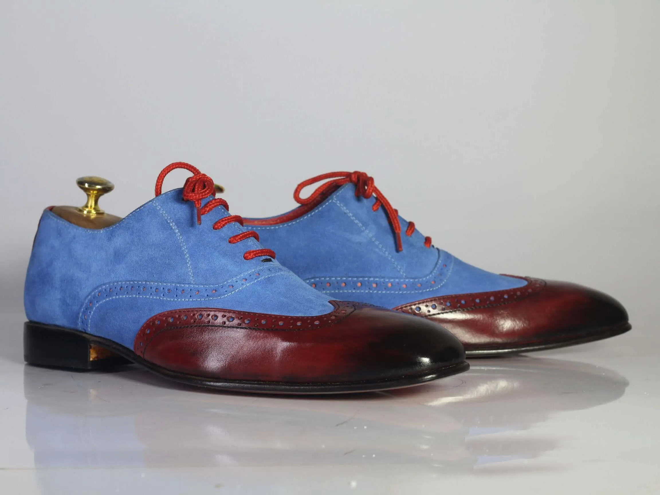 Handmade Men's Blue Suede Burgundy Leather Wing Tip Shoes, Men Designer Shoes