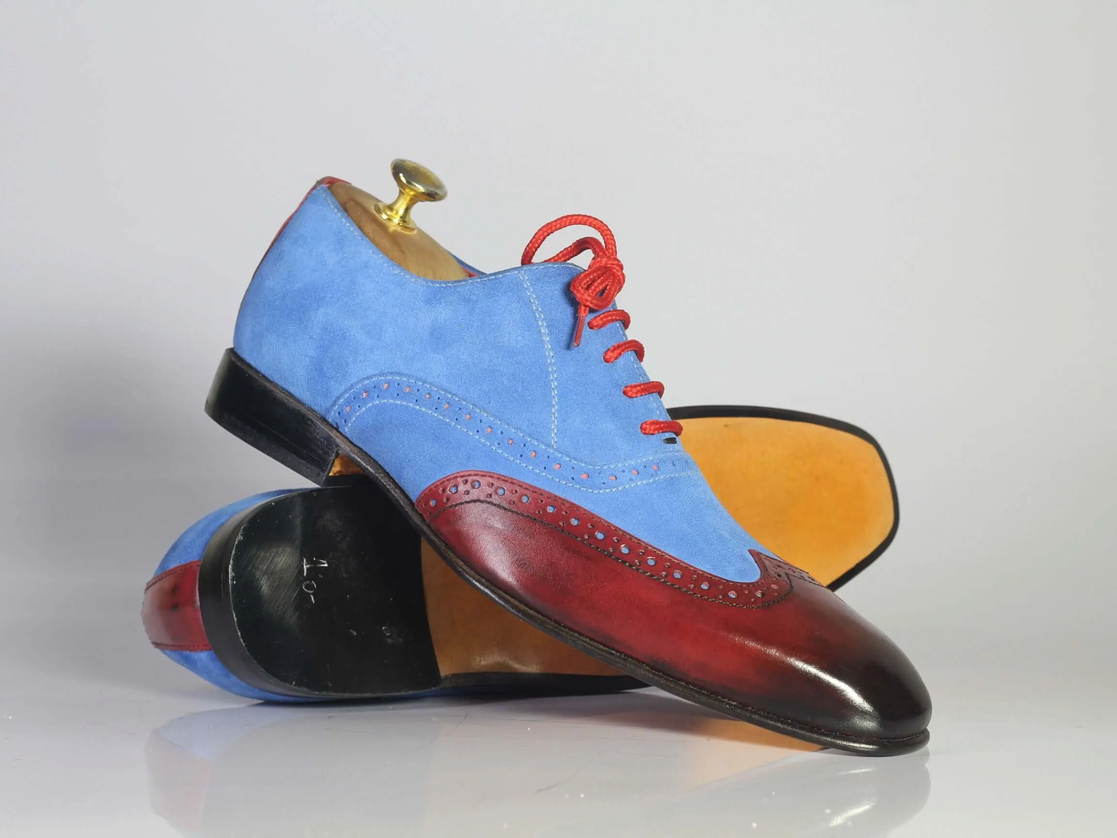 Handmade Men's Blue Suede Burgundy Leather Wing Tip Shoes, Men Designer Shoes