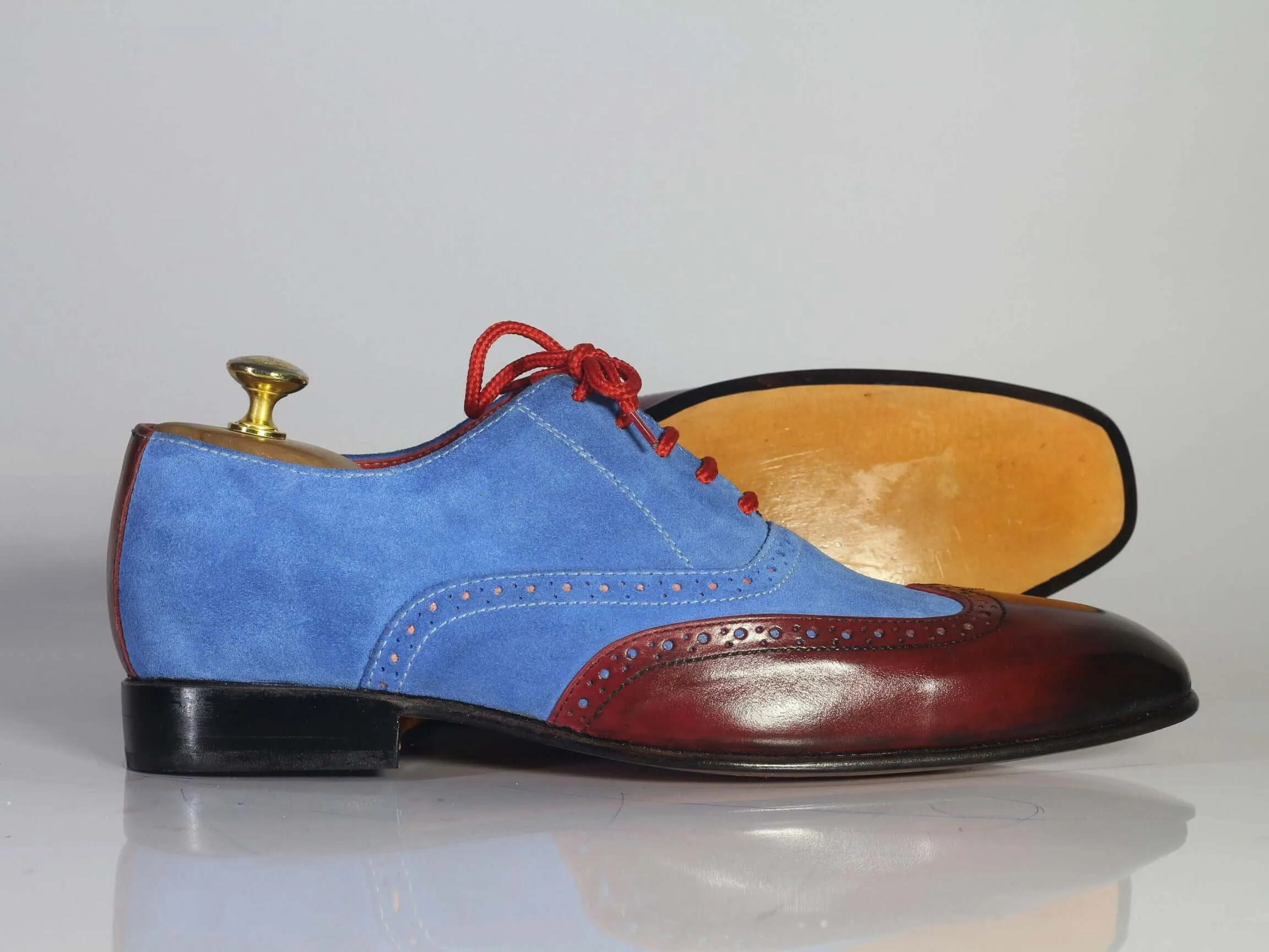 Handmade Men's Blue Suede Burgundy Leather Wing Tip Shoes, Men Designer Shoes