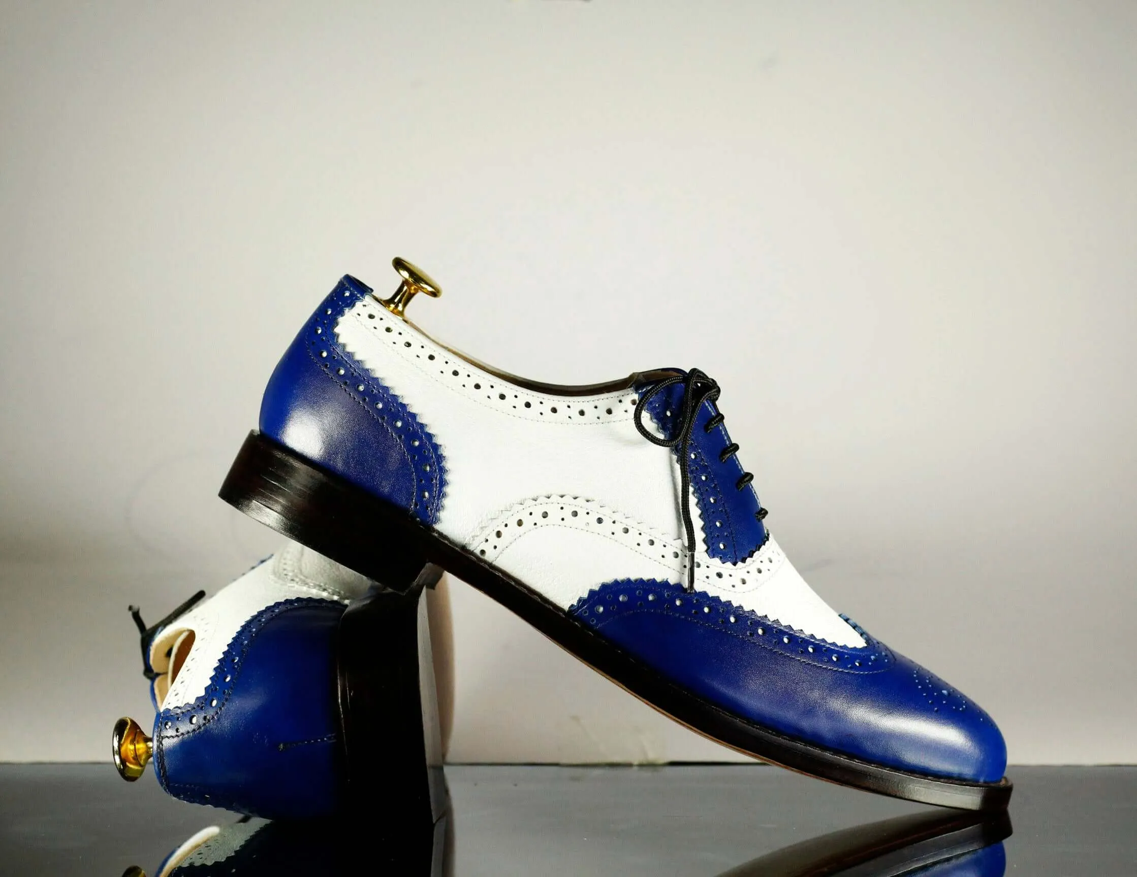 Handmade Men's Blue White Leather Wing Tip Brogue Lace Up Shoes, Men Designer Dress Formal Luxury Shoes