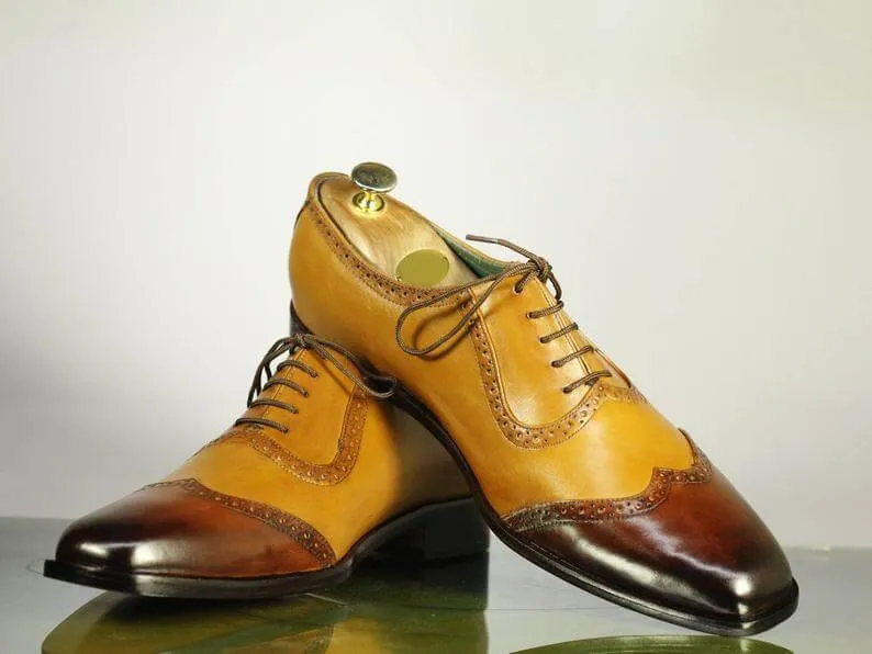 Handmade Men's Tan Brown Wing Tip Leather Lace Up Shoes, Men Designer Dress Formal Luxury Shoes