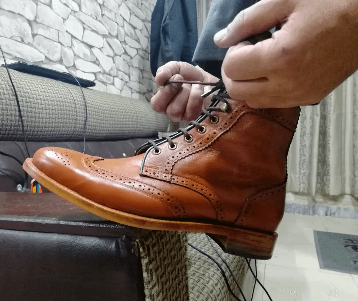 Handmade Men’s Tan Wing Tip Brogue Leather Boots, Men Ankle High Lace Up Boots