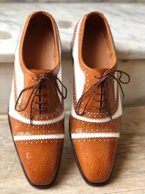 Handmade Men's Two Tone White Brown Cap Toe Brogue Leather Lace Up Shoes, Men Designer Dress Formal Luxury Shoes