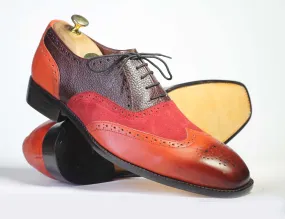 Handmade Multi Color Pebbled Leather Suede Shoes, Men Wing Tip Dress Casual Shoes