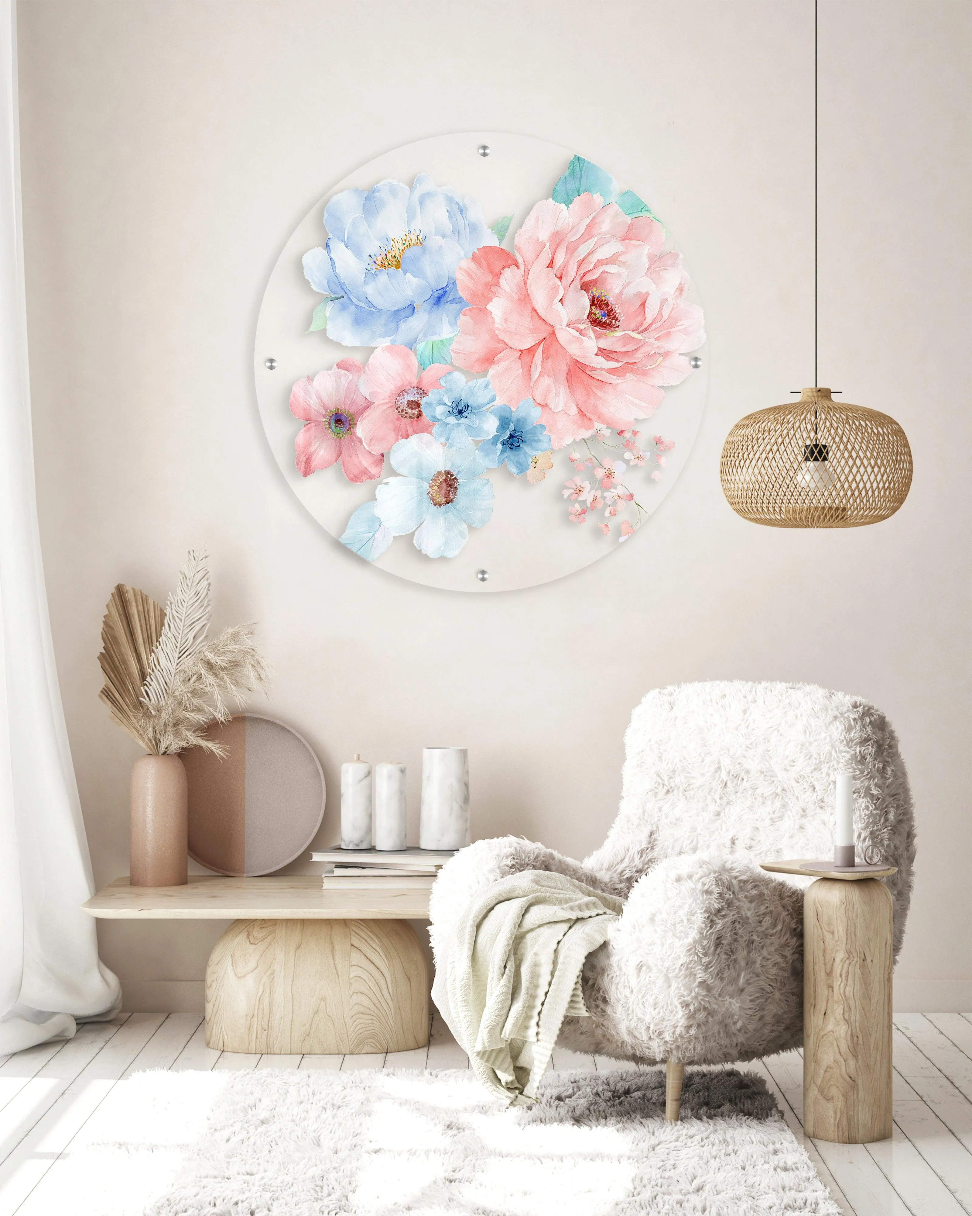 Large Flowers Printed Transparent Acrylic Circle