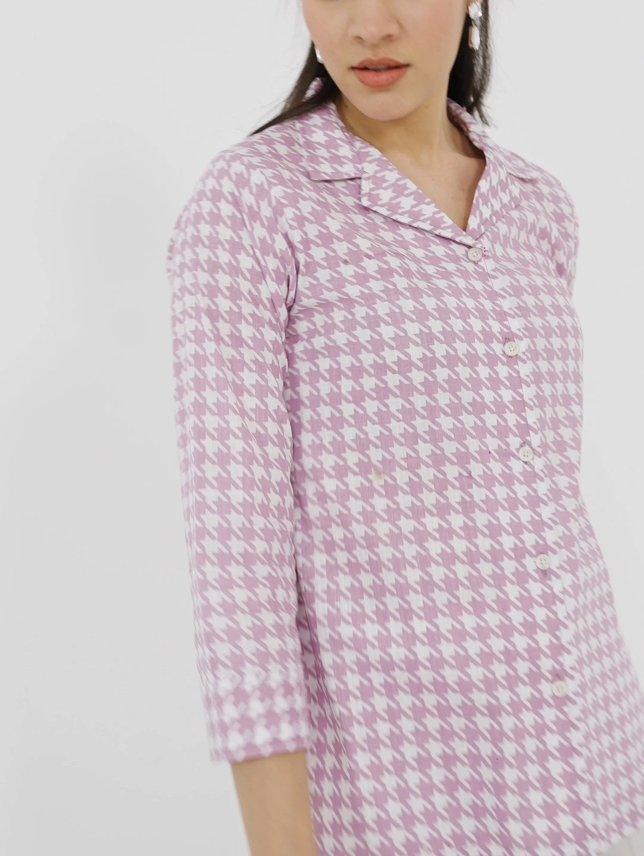 Lilac Houndstooth Lapel Collar Shirt