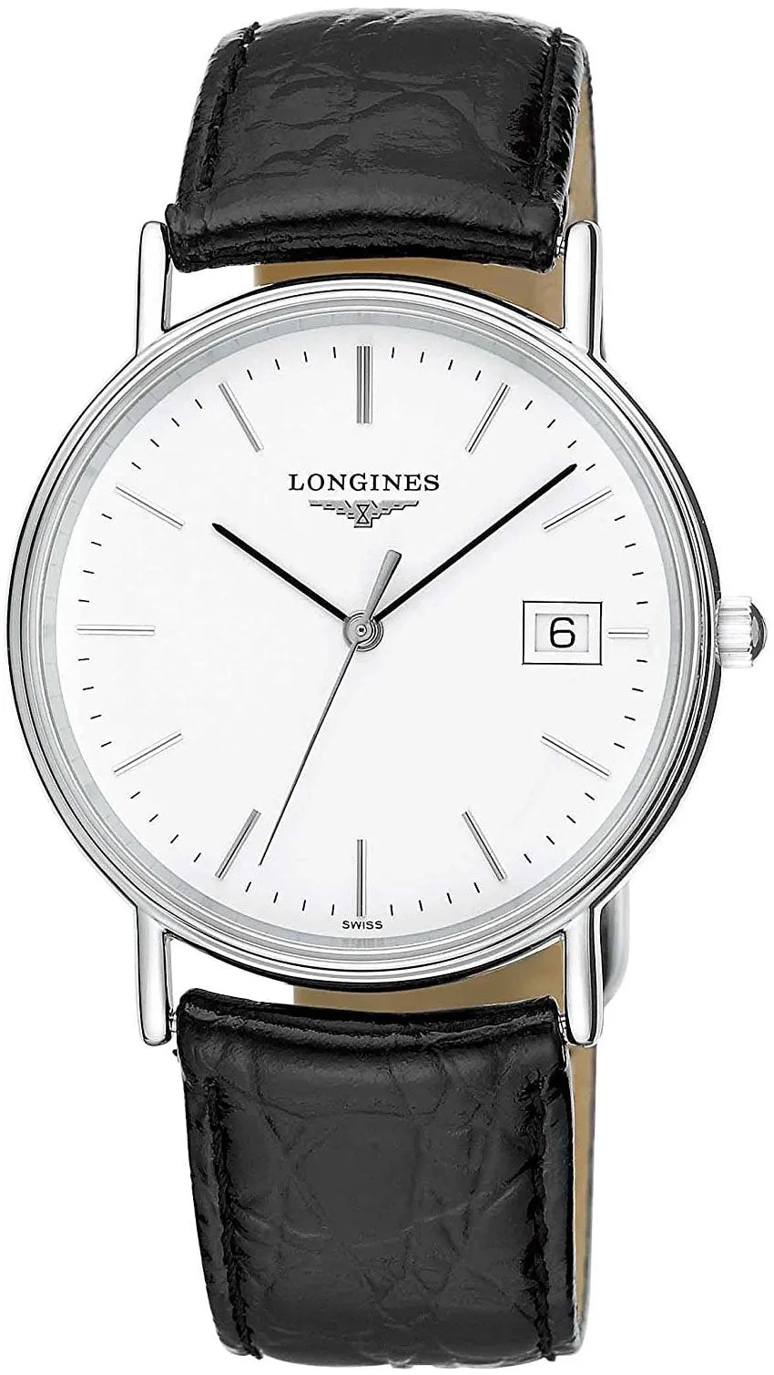 Longines Presence Stainless Steel White Dial Black Leather Strap Date Quartz Unisex Watch L4.720.4.12.2