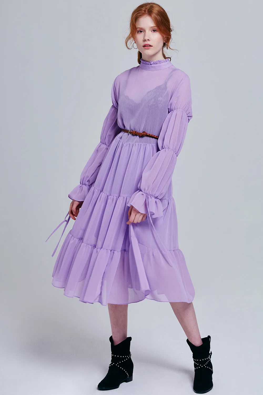 Millie Sheer Ruffle Dress with Belt