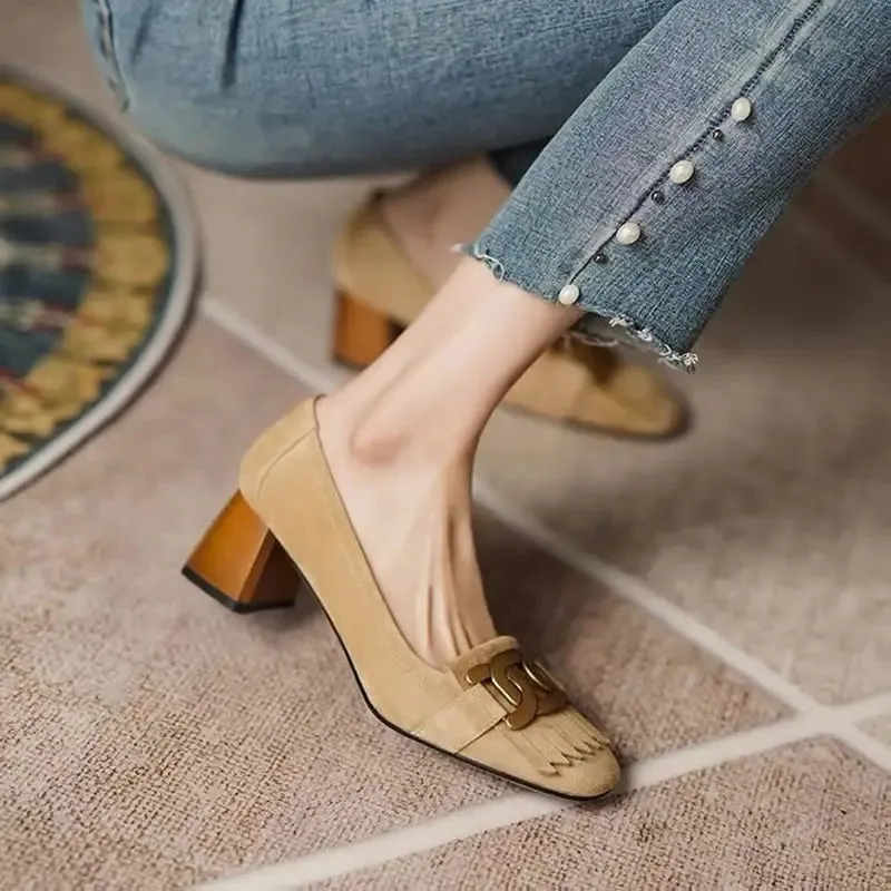 New Women's Faux Suede Fringed Pumps Ladies Metal Mid Heels Boat Shoes Wood Grain Heel Slip on Dress Shoes Office Zapatos Mujer