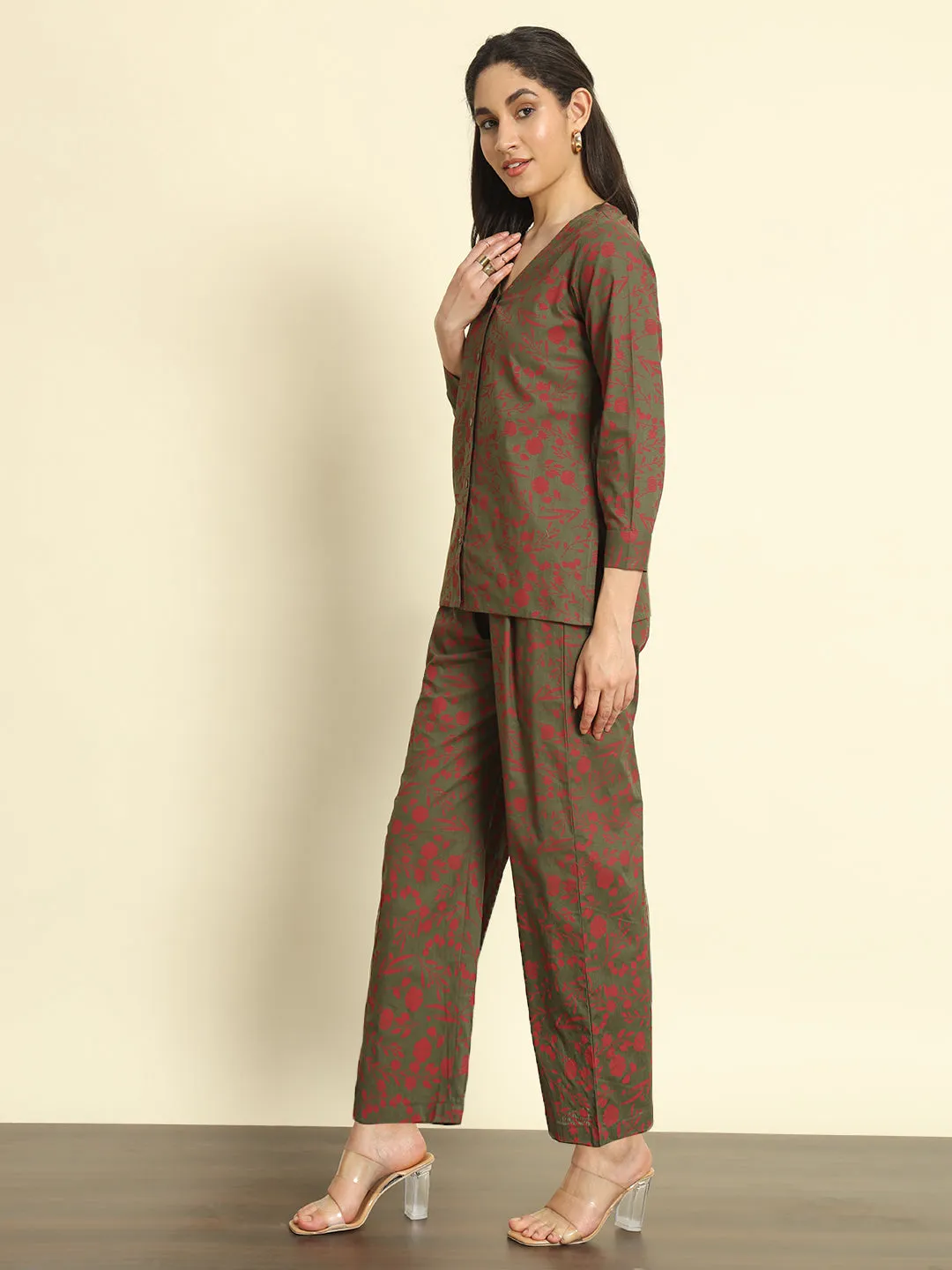 Olive Floral Printed Linen Pants