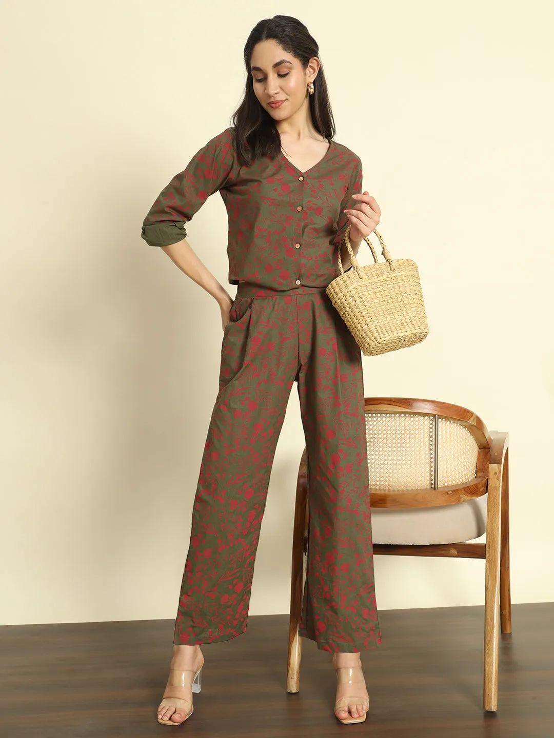 Olive Floral Printed Linen Pants