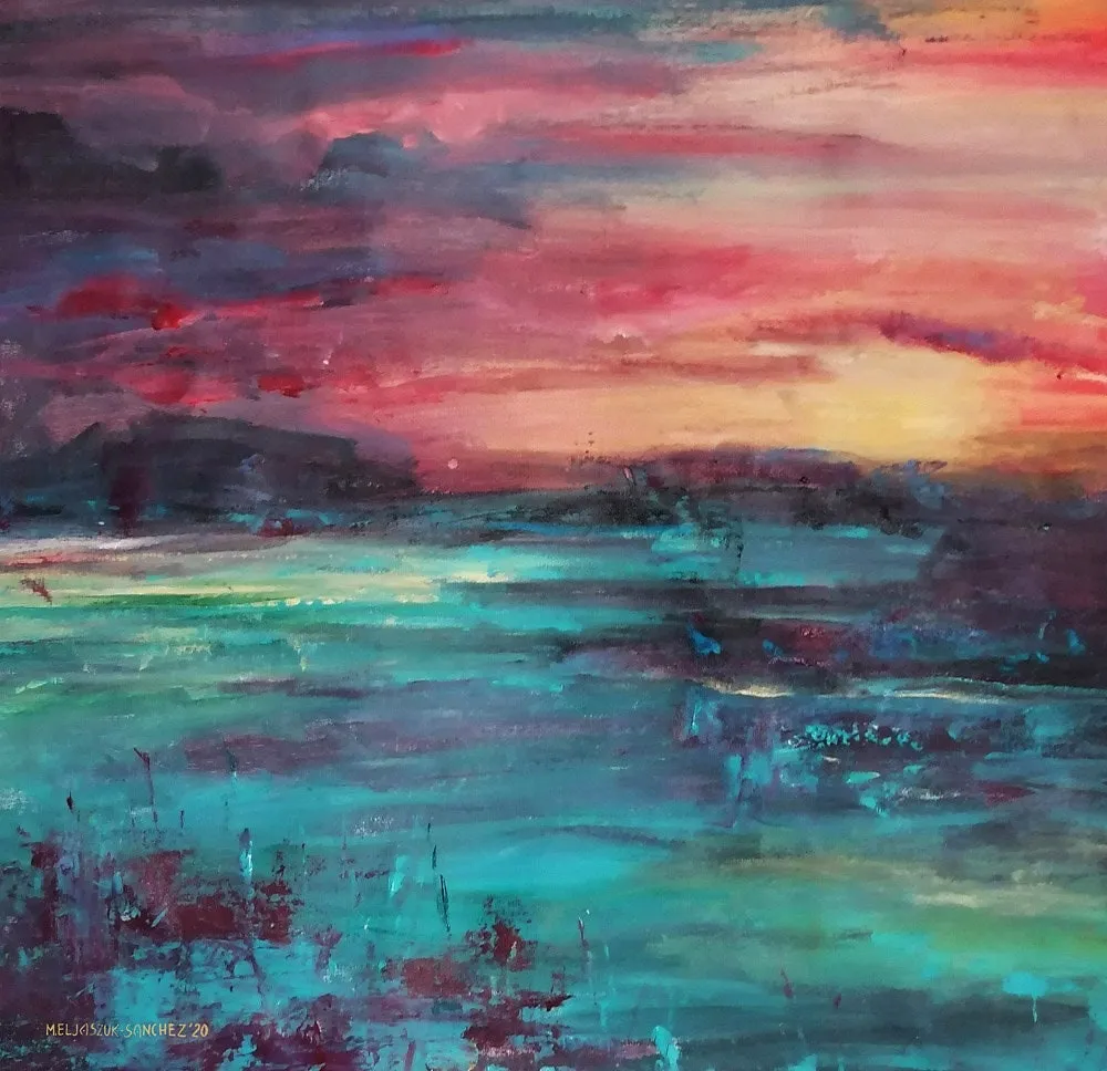 Pink & teal green oversized abstract landscape painting made to order in a custom size