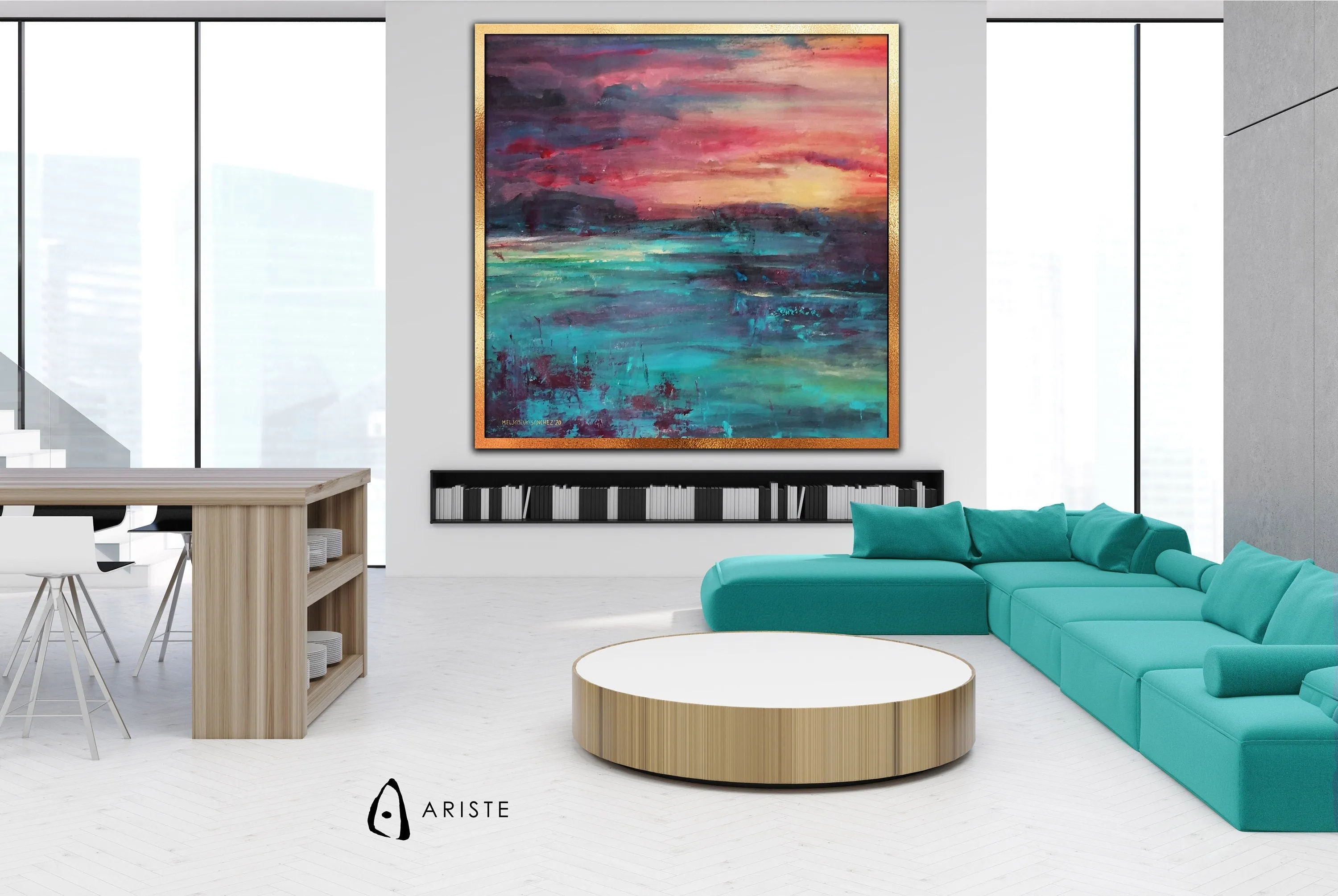 Pink & teal green oversized abstract landscape painting made to order in a custom size