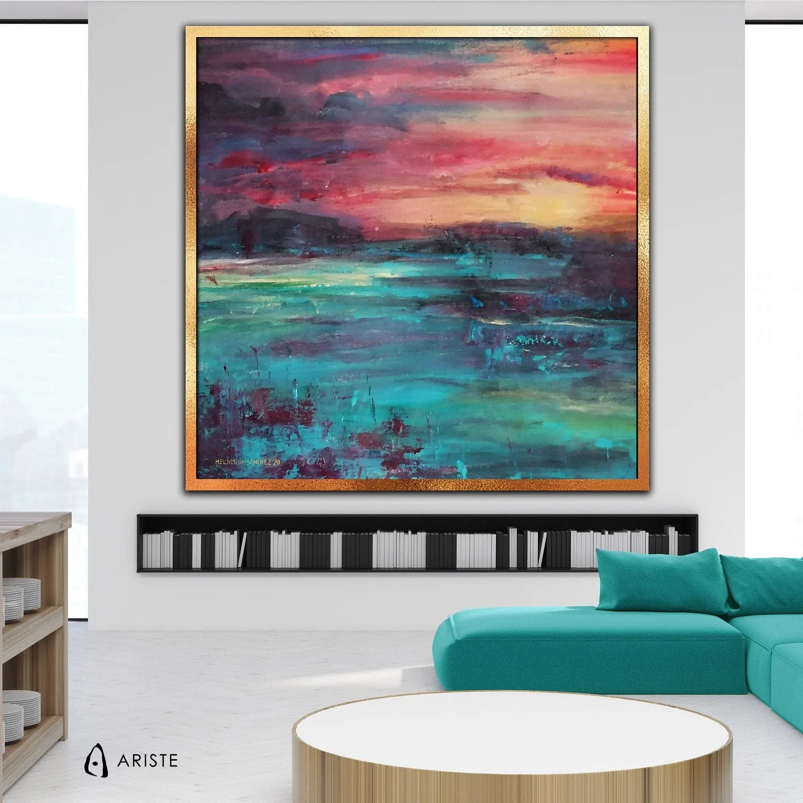 Pink & teal green oversized abstract landscape painting made to order in a custom size