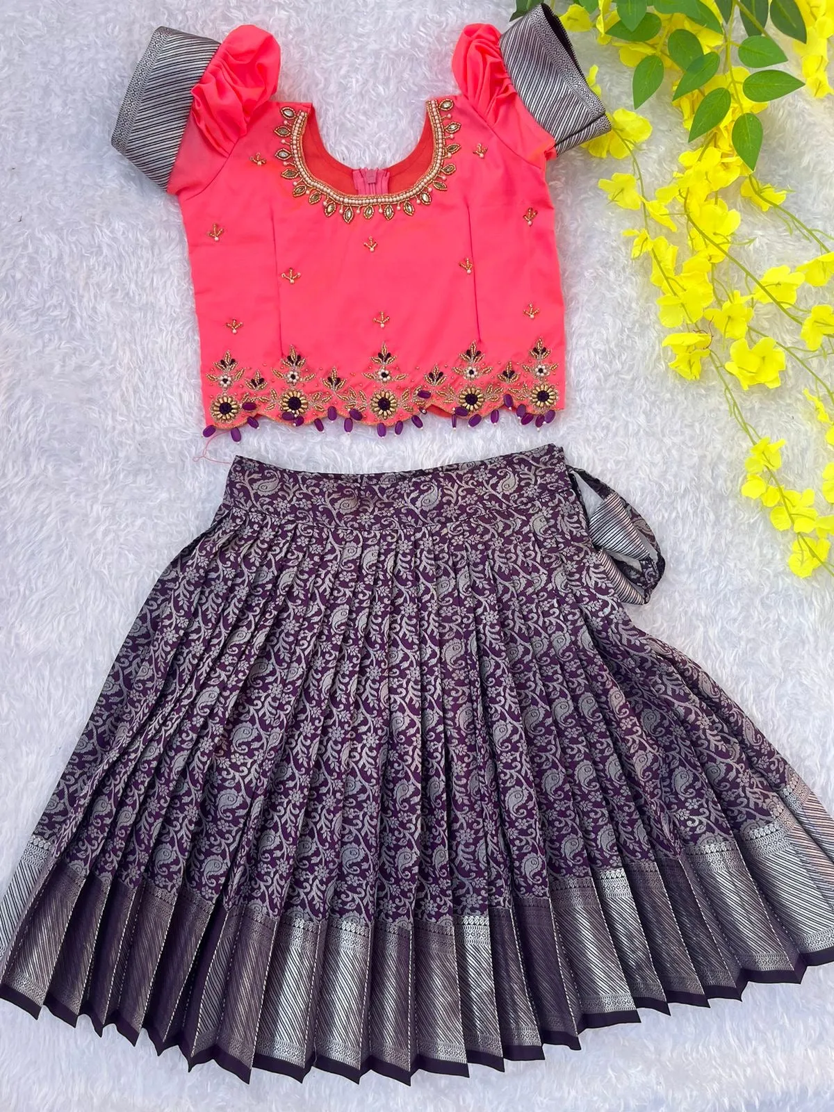 PRE ORDER : Golden Pink Crop Top with Purple Patterned Skirt