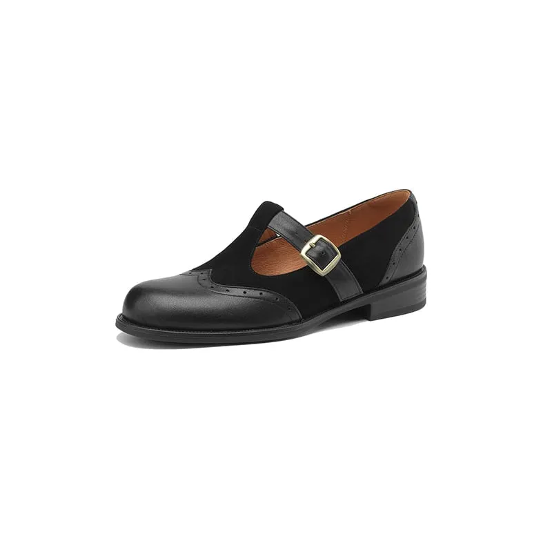 Preppy Style Brogue Carving Leather T Strap Mary Jane in Coffee/Black