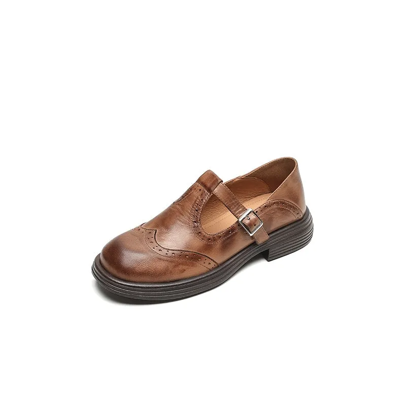 Preppy Style Sheepskin T Strap Brogue Mary Jane in Brown/Black