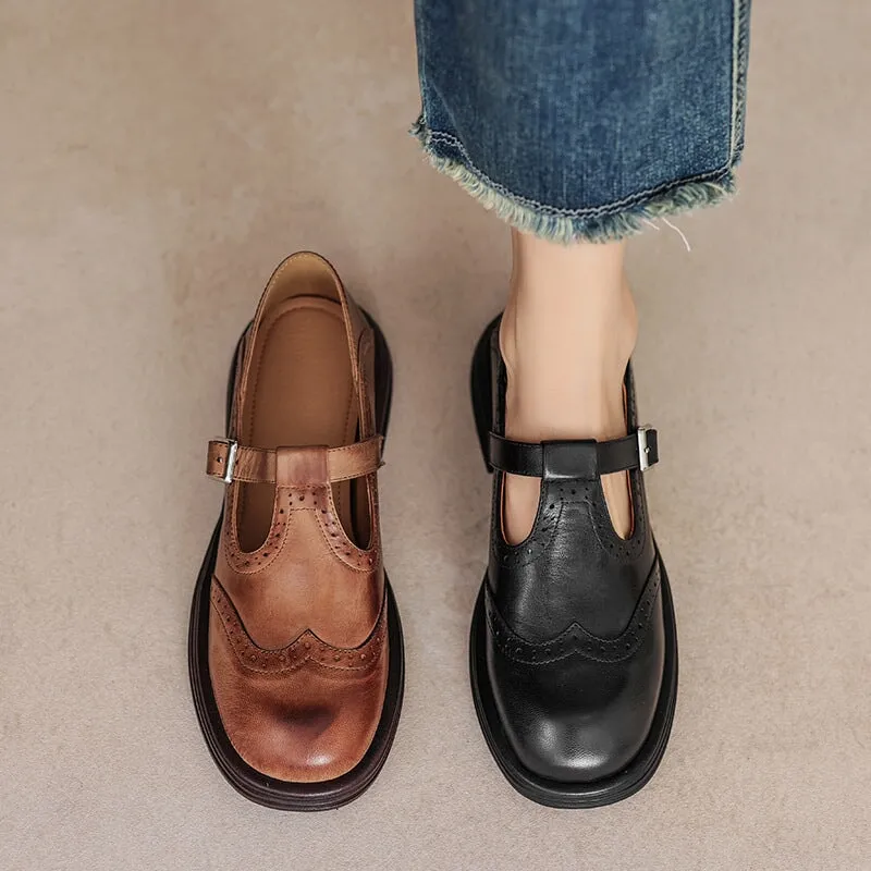 Preppy Style Sheepskin T Strap Brogue Mary Jane in Brown/Black