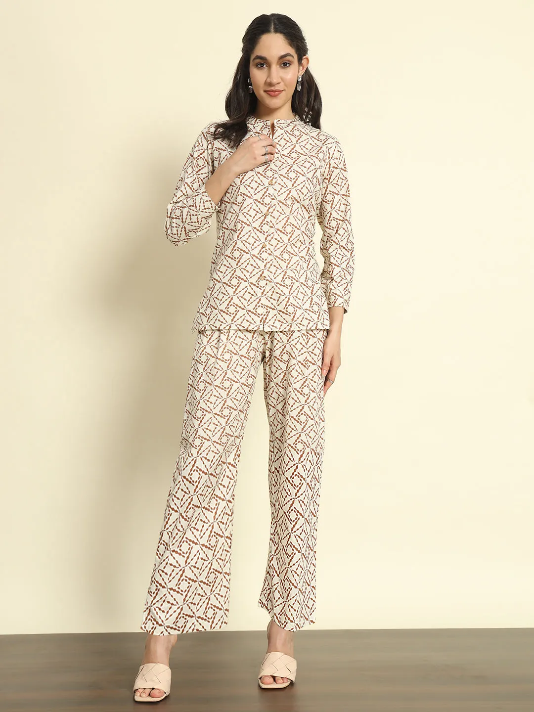 Printed Beige Linen Pants