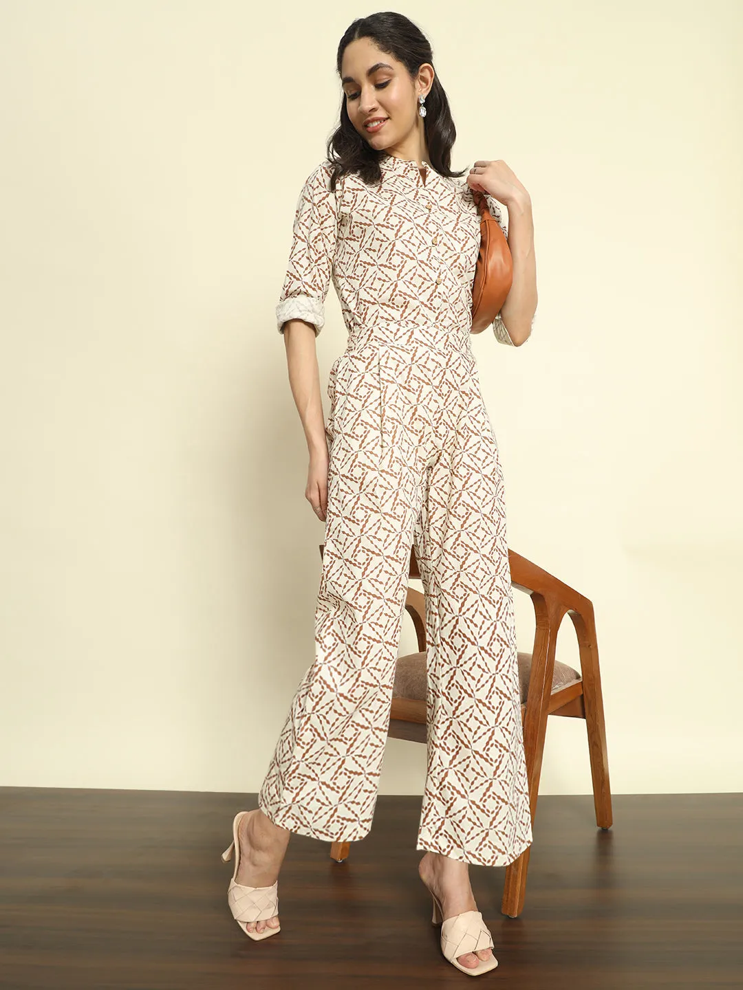 Printed Beige Linen Pants