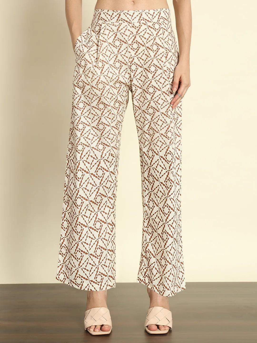 Printed Beige Linen Pants