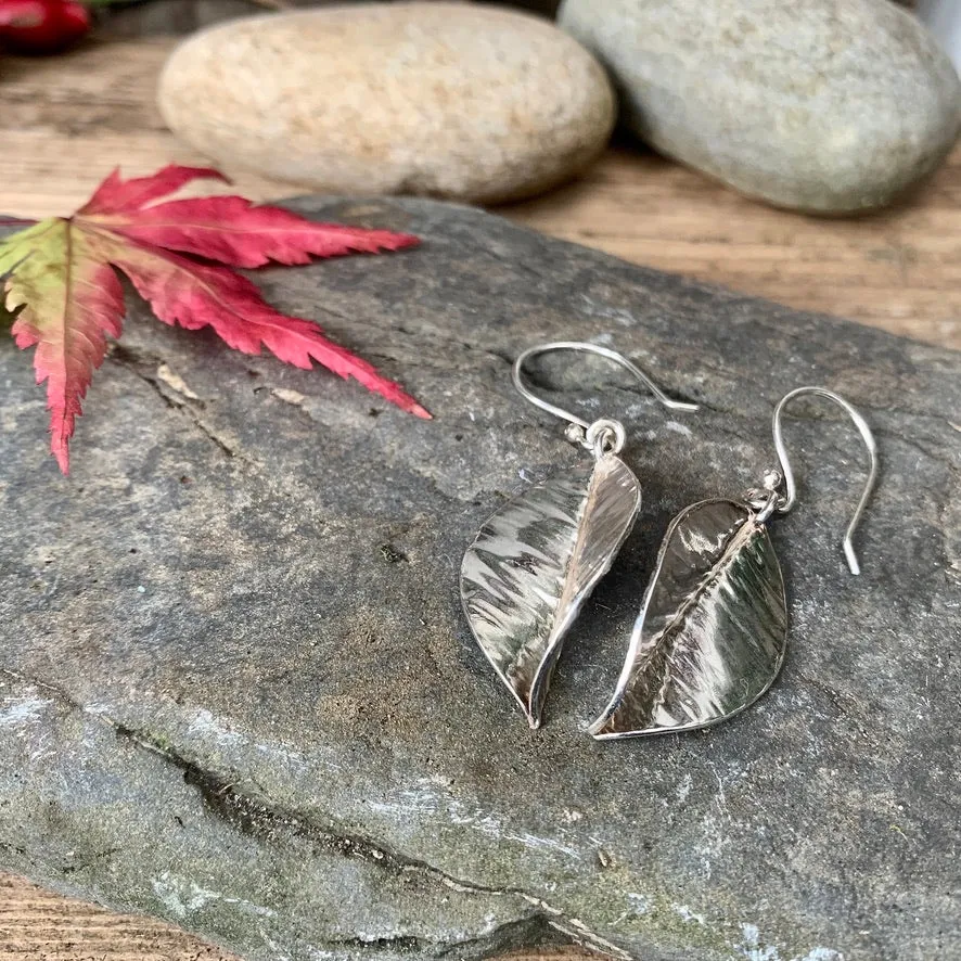 Silver textured leaf earrings