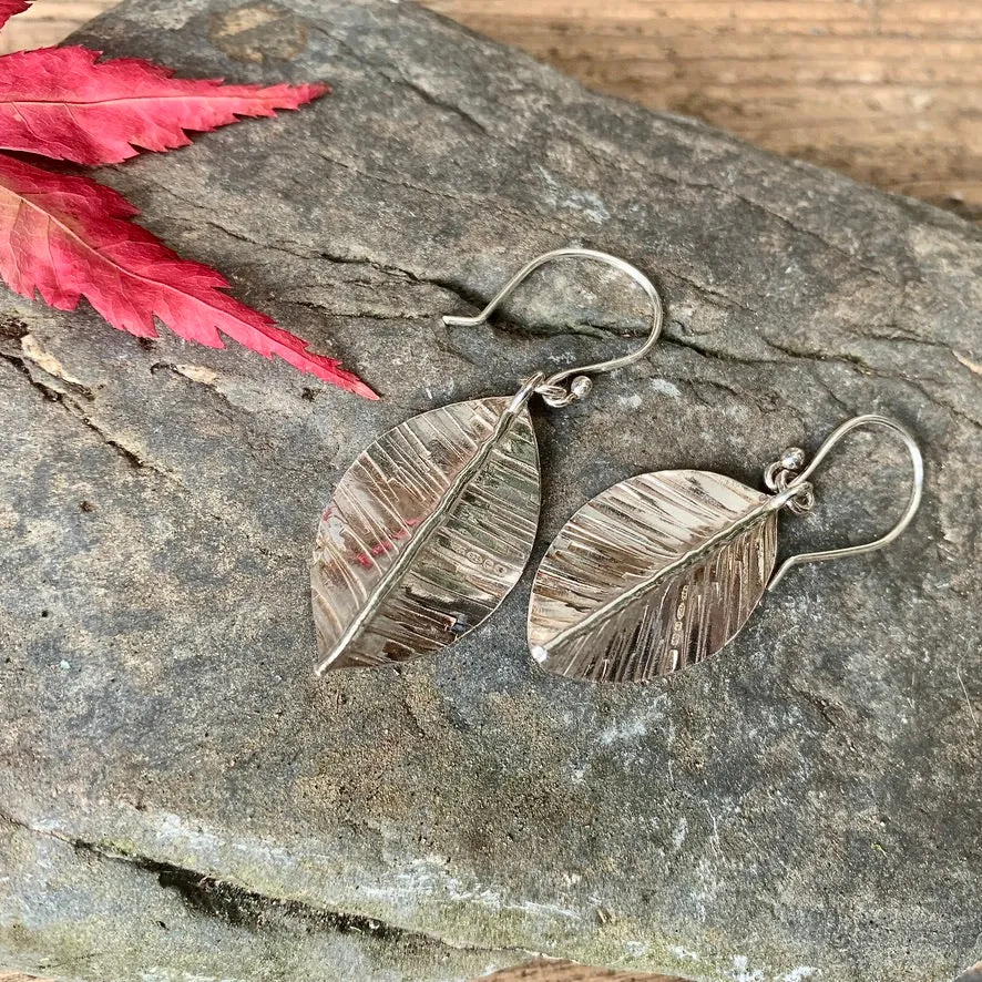 Silver textured leaf earrings