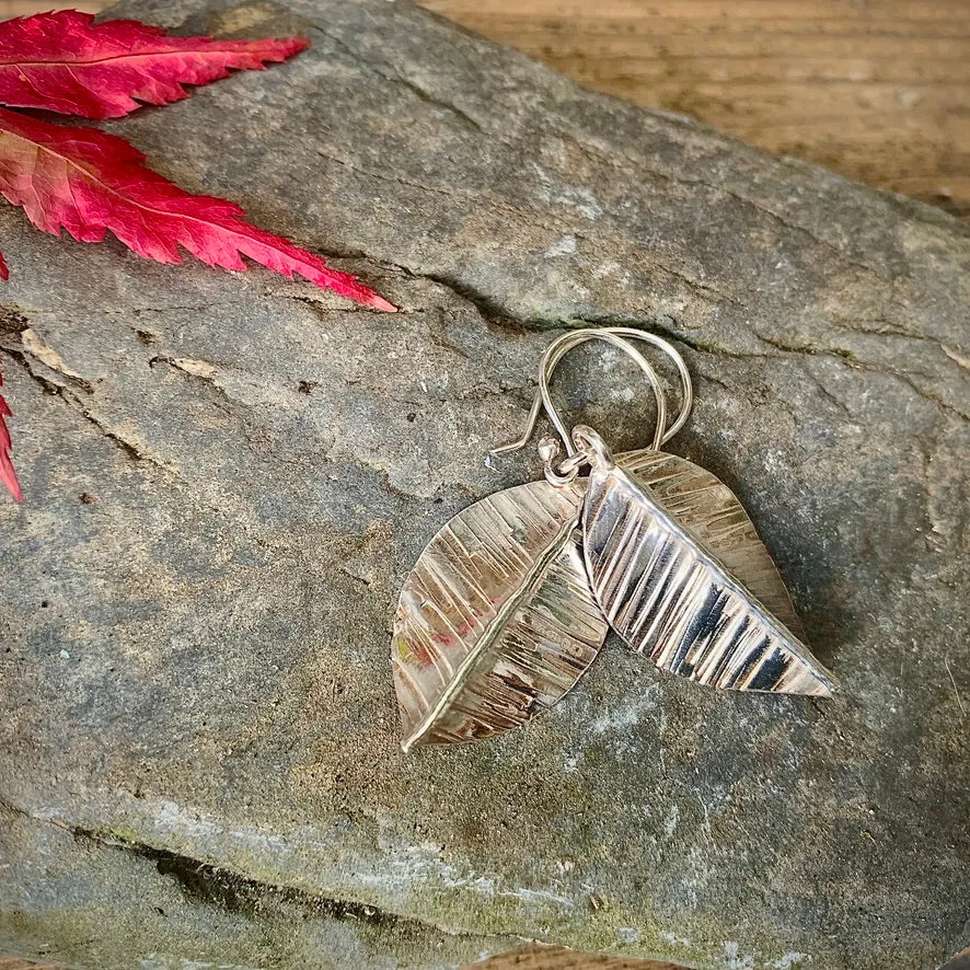 Silver textured leaf earrings