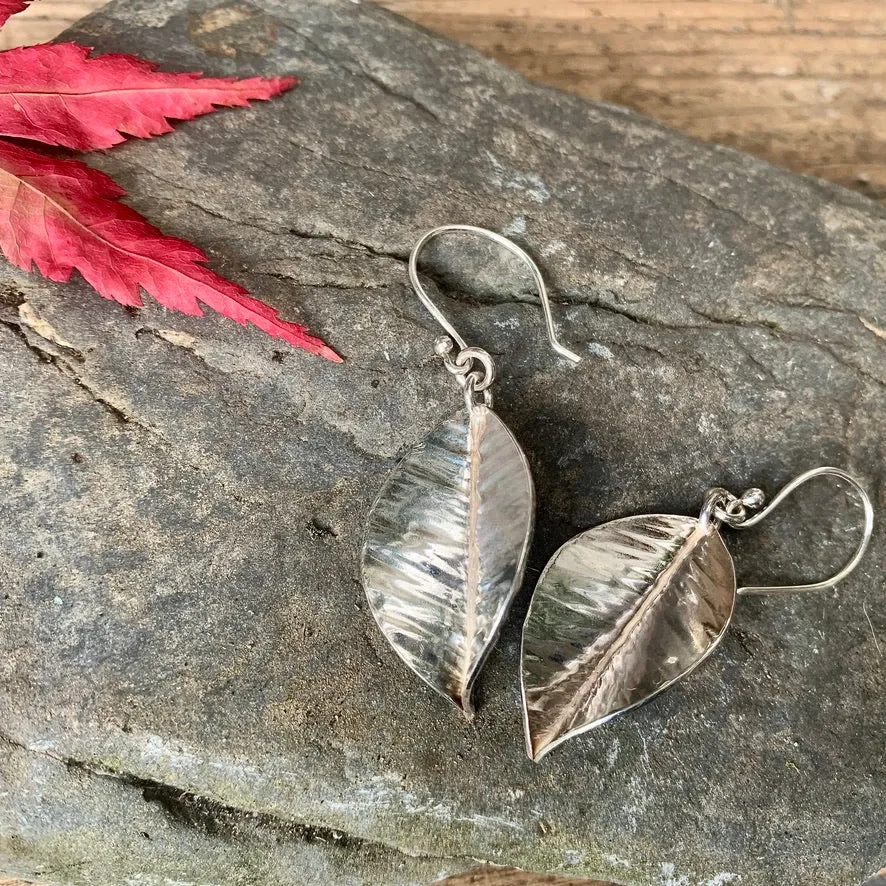 Silver textured leaf earrings