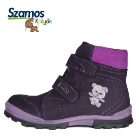 Szamos kid girl boots black and purple with grey bear pattern big kid size