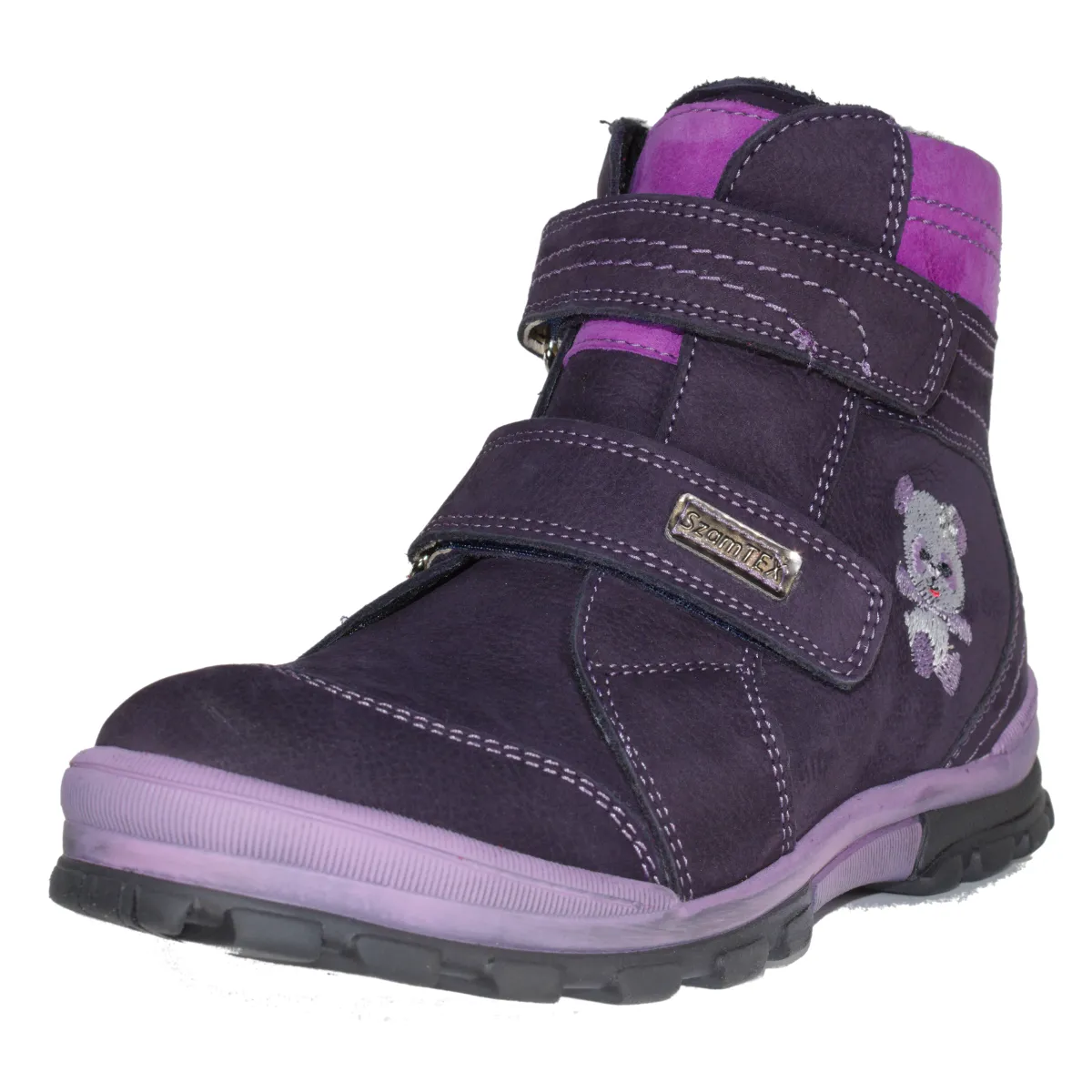 Szamos kid girl boots black and purple with grey bear pattern big kid size