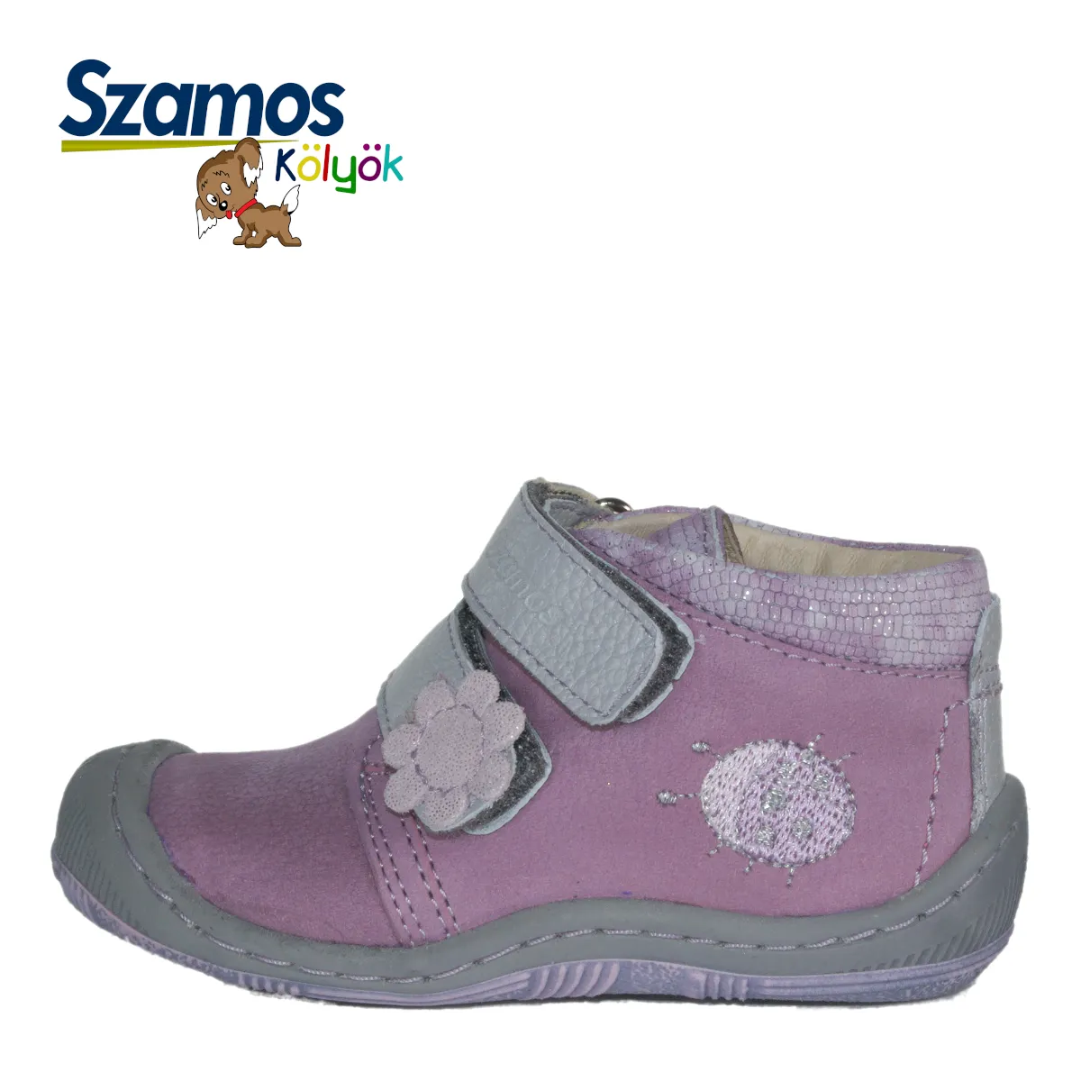 Szamos kid girl sneakers pale purple with ladybug and flower decor and double velcro straps toddler size