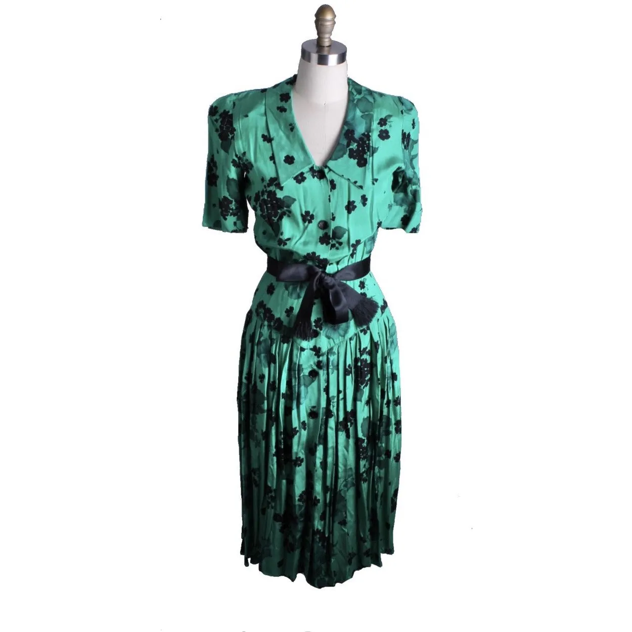 Vintage 1980s Dress Green Black Print Rayon 40s Look Womens Sz S Hip Drape