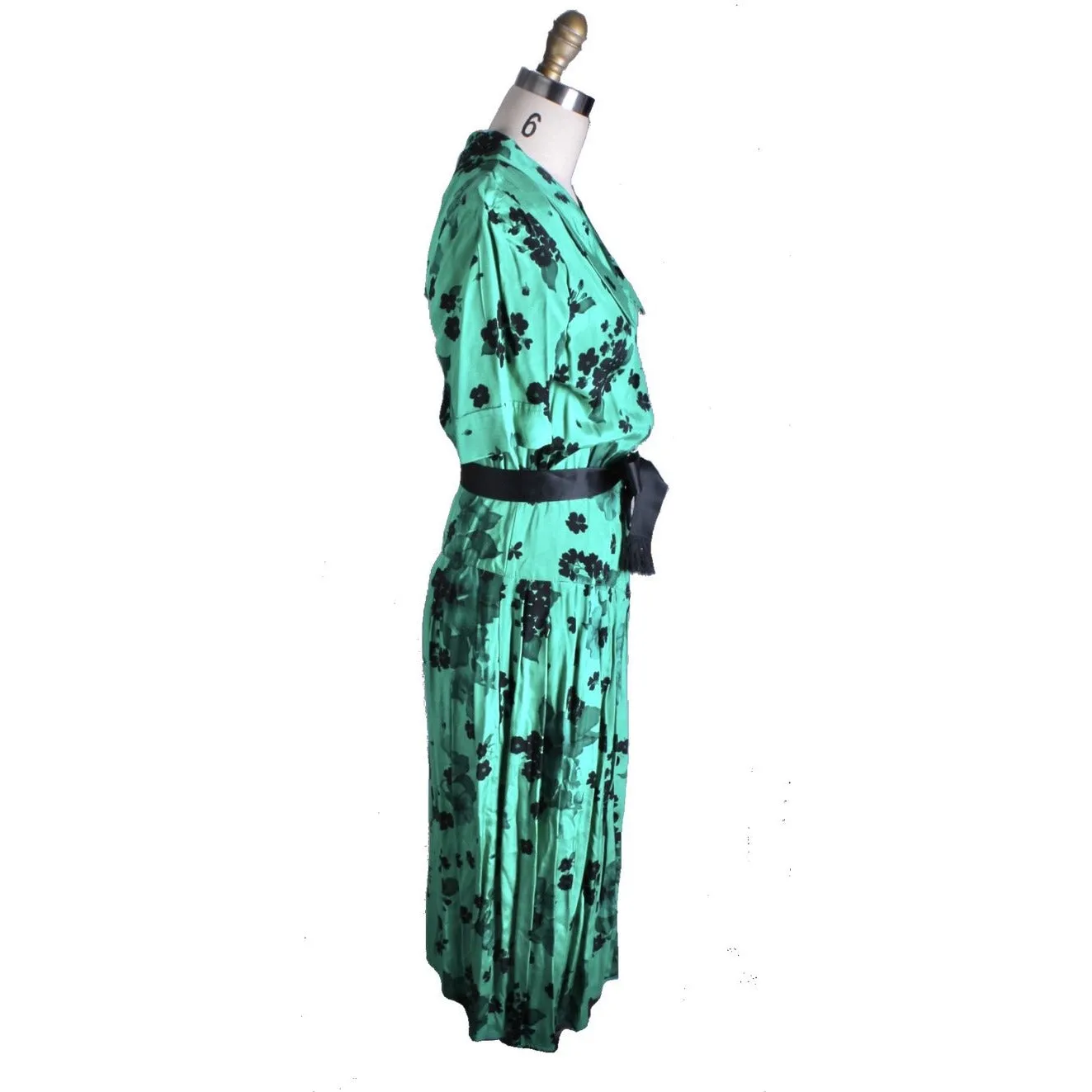 Vintage 1980s Dress Green Black Print Rayon 40s Look Womens Sz S Hip Drape