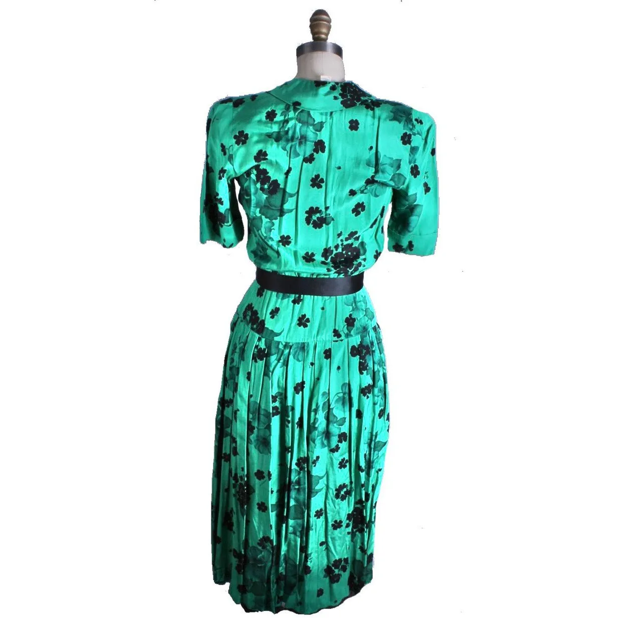 Vintage 1980s Dress Green Black Print Rayon 40s Look Womens Sz S Hip Drape