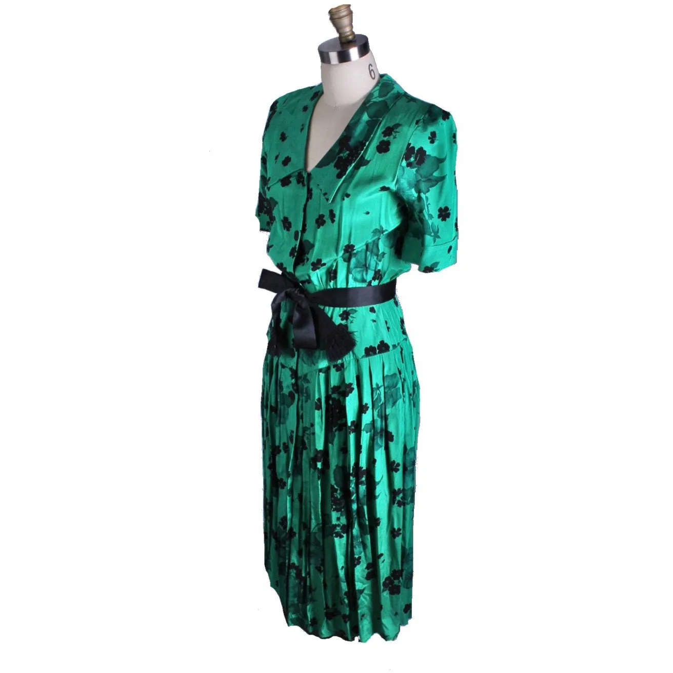 Vintage 1980s Dress Green Black Print Rayon 40s Look Womens Sz S Hip Drape