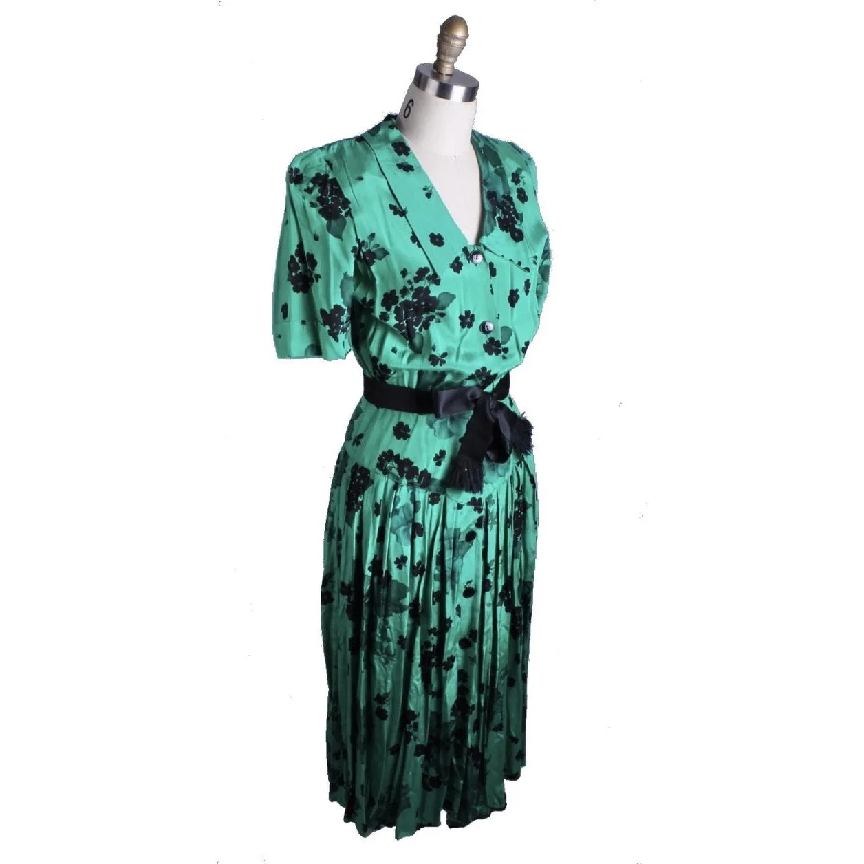 Vintage 1980s Dress Green Black Print Rayon 40s Look Womens Sz S Hip Drape