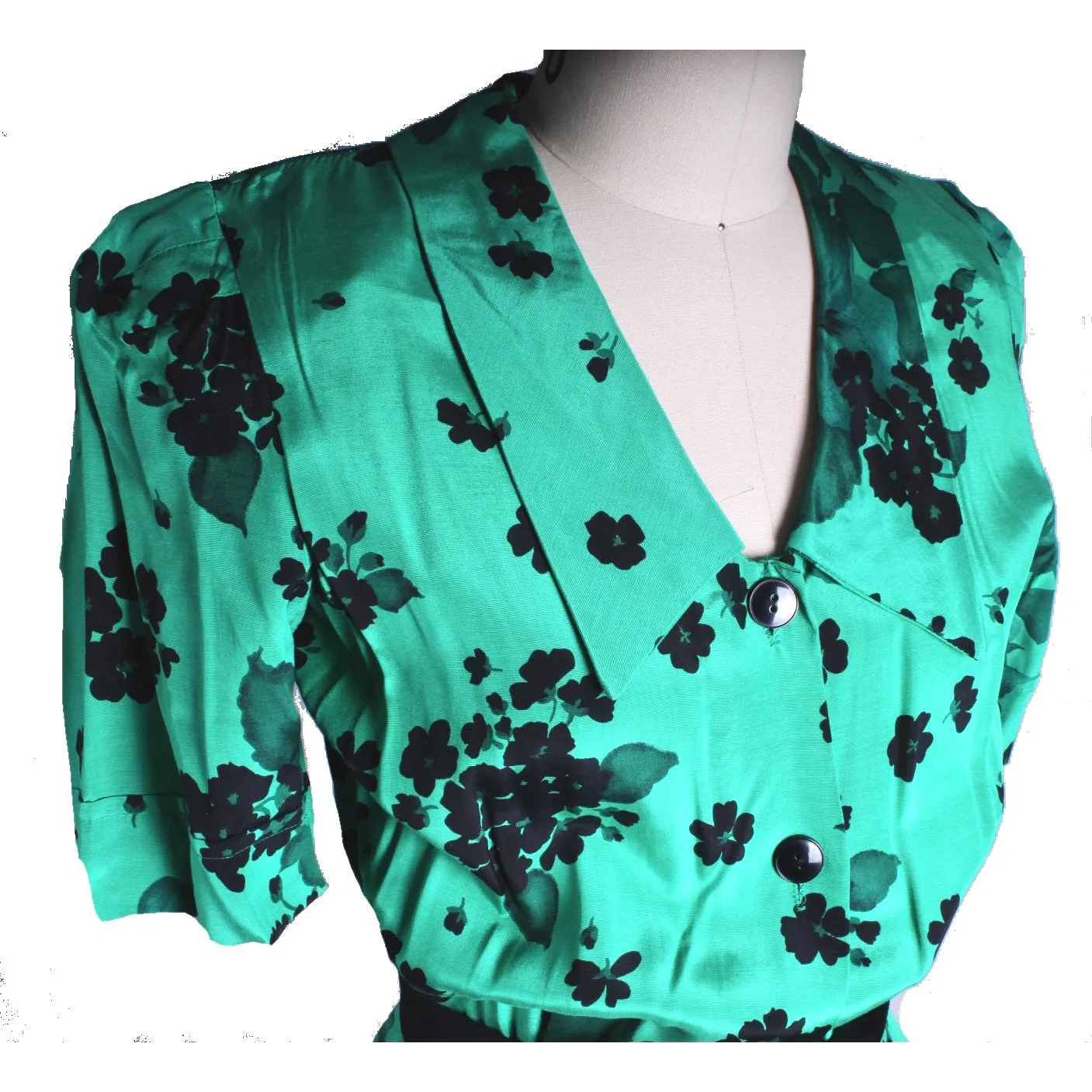 Vintage 1980s Dress Green Black Print Rayon 40s Look Womens Sz S Hip Drape