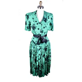 Vintage 1980s Dress Green Black Print Rayon 40s Look Womens Sz S Hip Drape