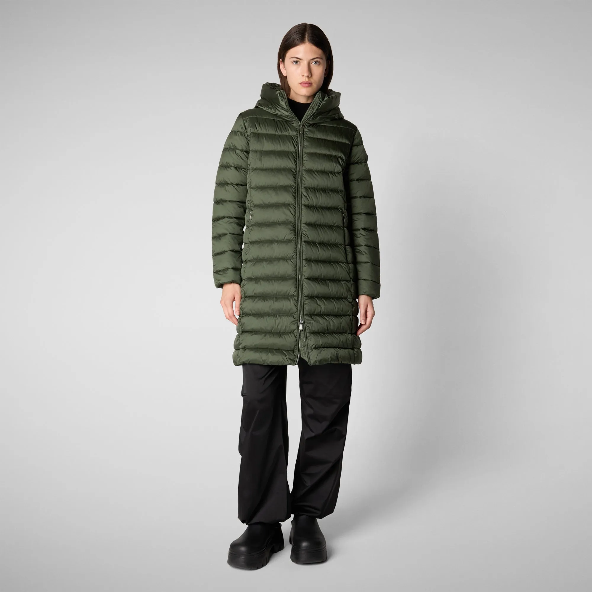 Woman's animal free hooded puffer jacket Saffron in thyme green