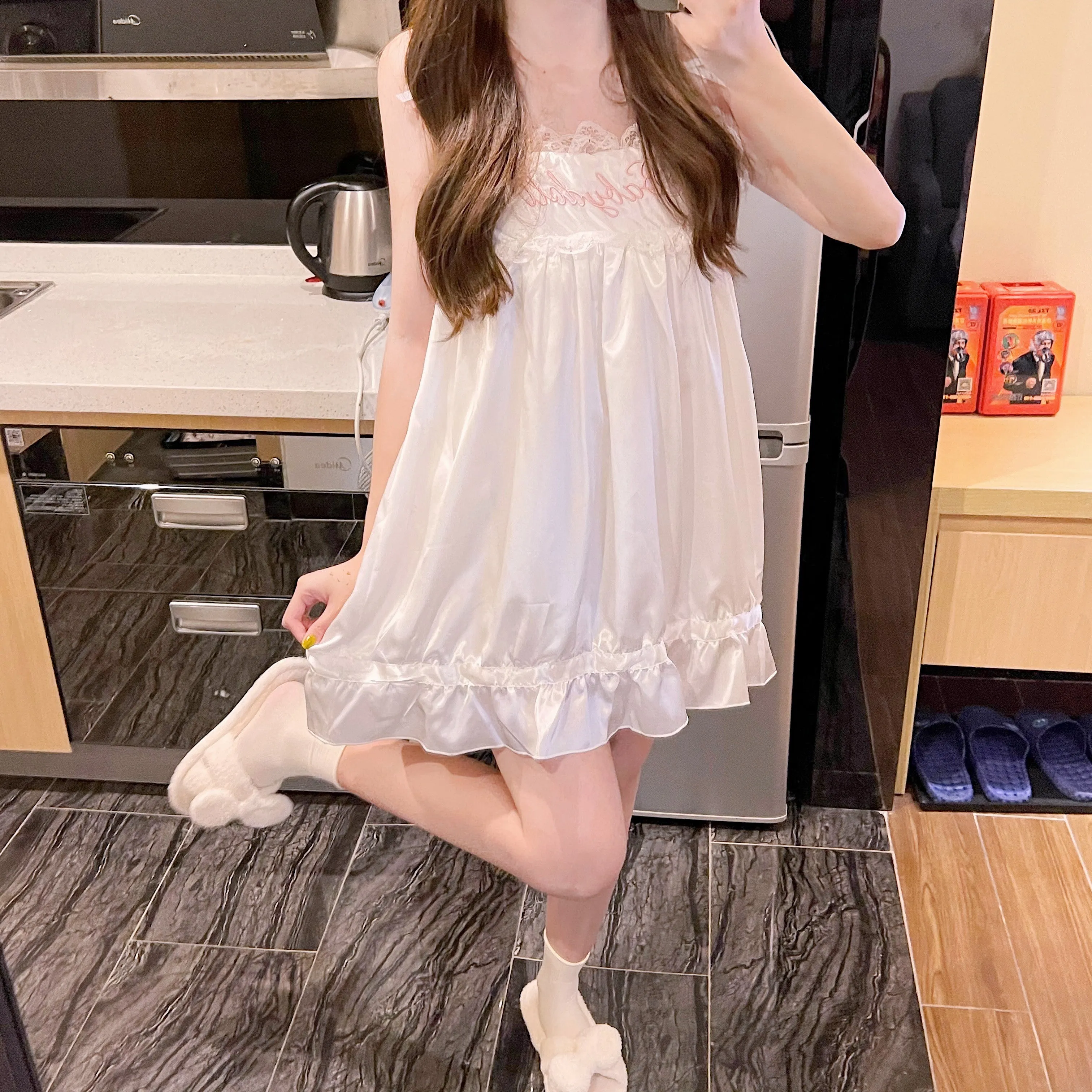 Women's Cute Lace Splice Ruffled Slip Nightdress