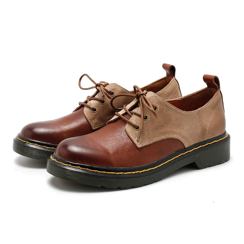 Women's Genuine Leather Lace Up Oxford Shoes Retro Color Blocking Style