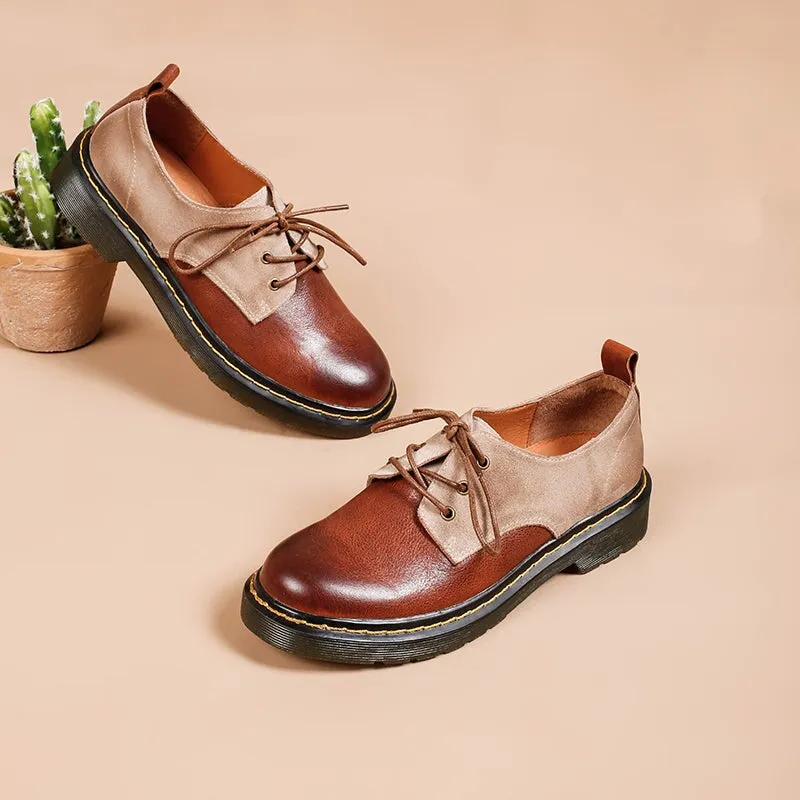 Women's Genuine Leather Lace Up Oxford Shoes Retro Color Blocking Style